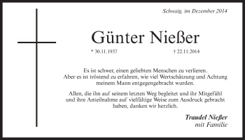 Traueranzeige von Günter Nießer von Pegnitz-Zeitung